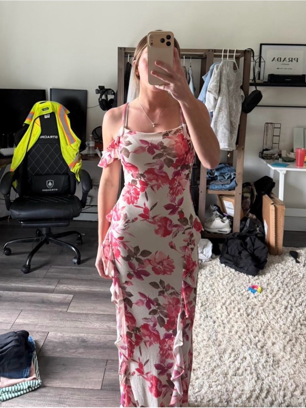 JLUXLABEL Pink Floral Ruffle-Trim Maxi Dress
